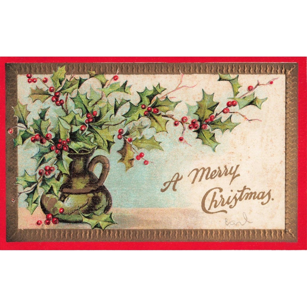Vintage 1909 Christmas Postcard Diamond Series D Embossed Holly Pitcher Greeting - Picture 1 of 2